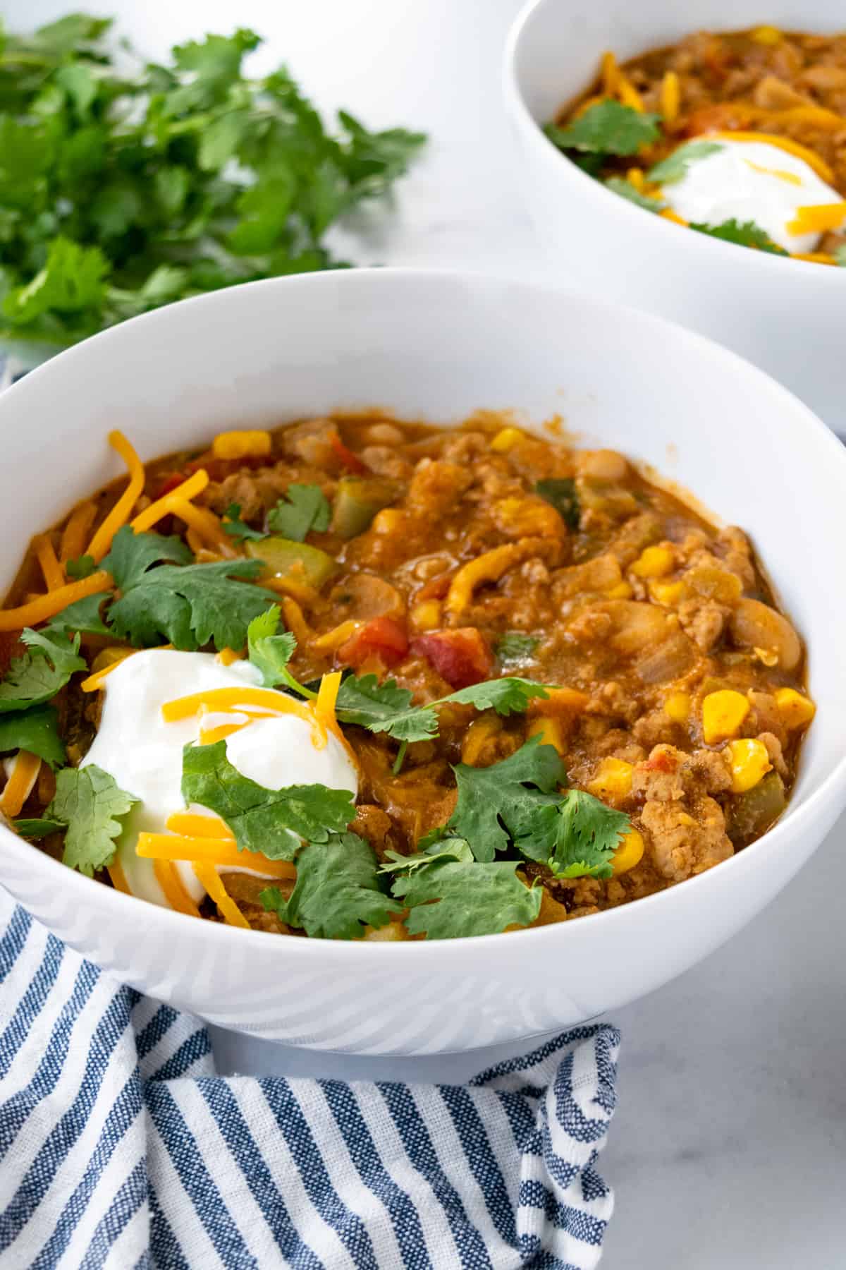 Stovetop Turkey and Vegetable Chili in a white bowl.