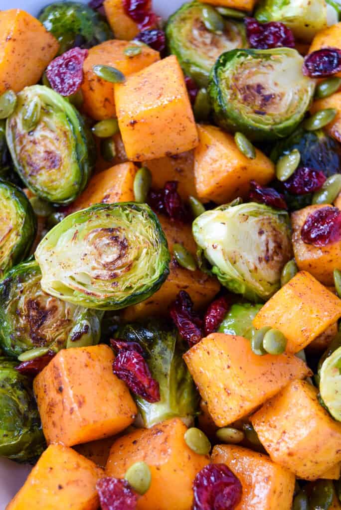 Roasted Butternut Squash with Brussels Sprouts and Dried Cranberries