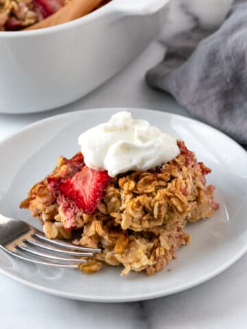 Strawberry Baked Oatmeal on a white plate.