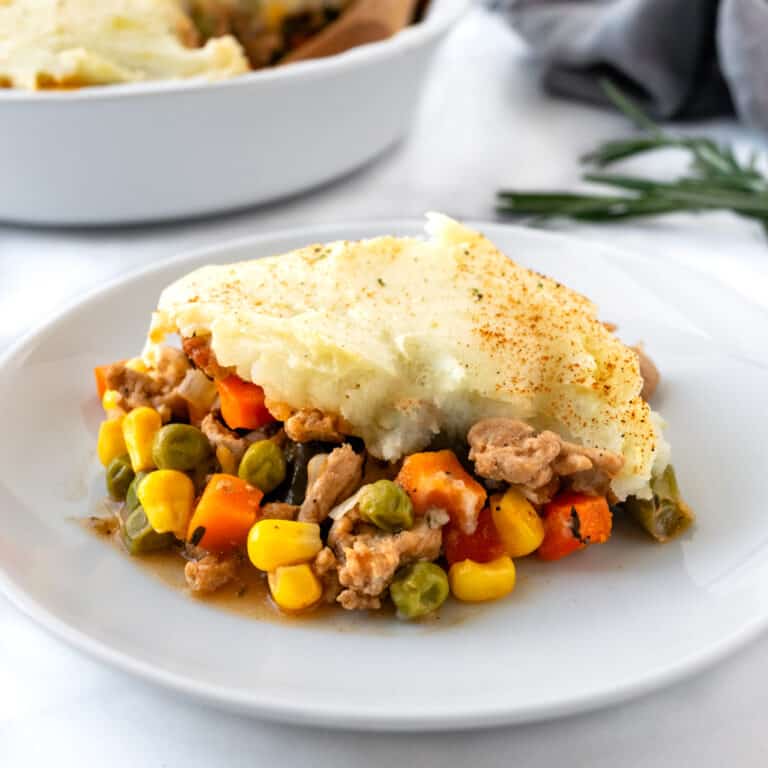 Ground Turkey Shepherd's Pie on a white plate.