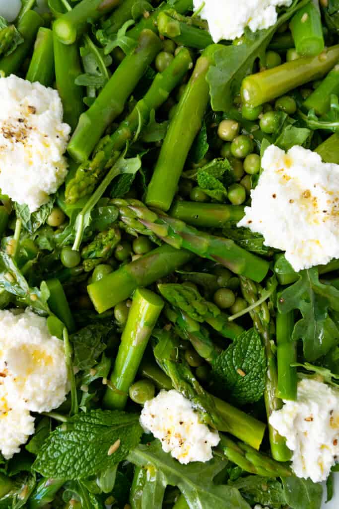 Spring Pea and Asparagus Salad with Ricotta close up.