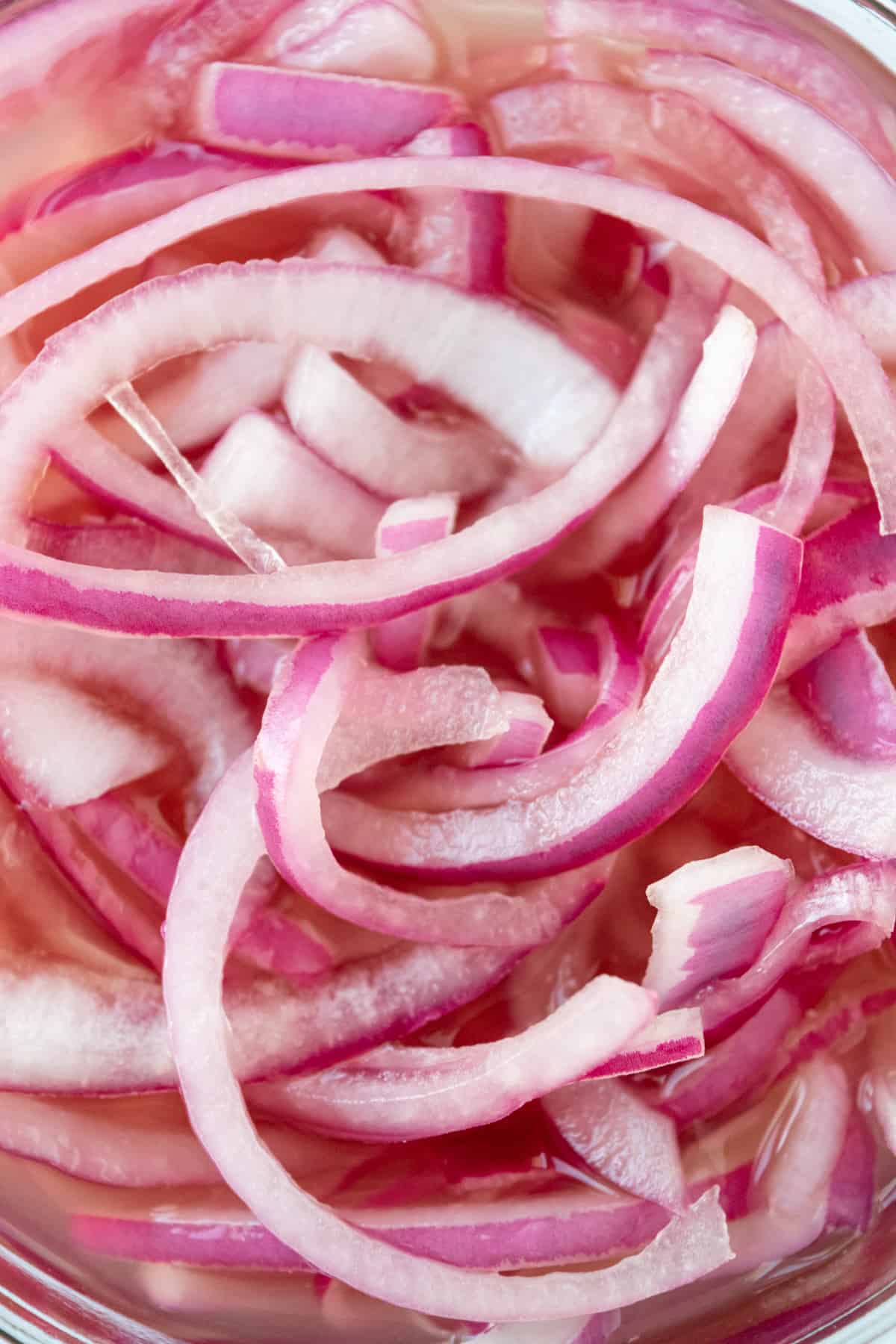 Closeup of Quick Pickled Red Onions.