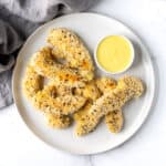 Everything Bagel Chicken Tenders with Honey Mustard Dipping Sauce.