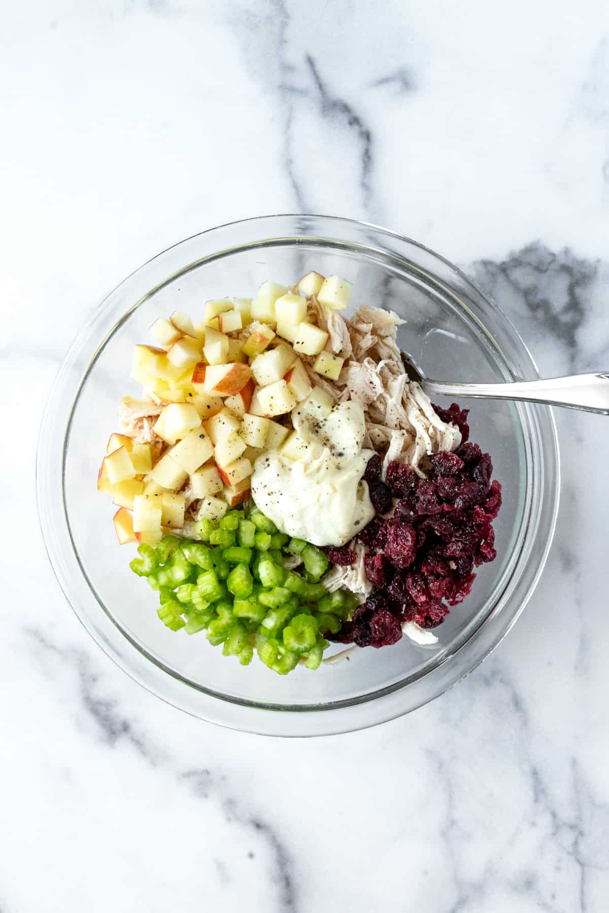 Apple Cranberry Chicken Salad Ingredients in a Glass Bowl.