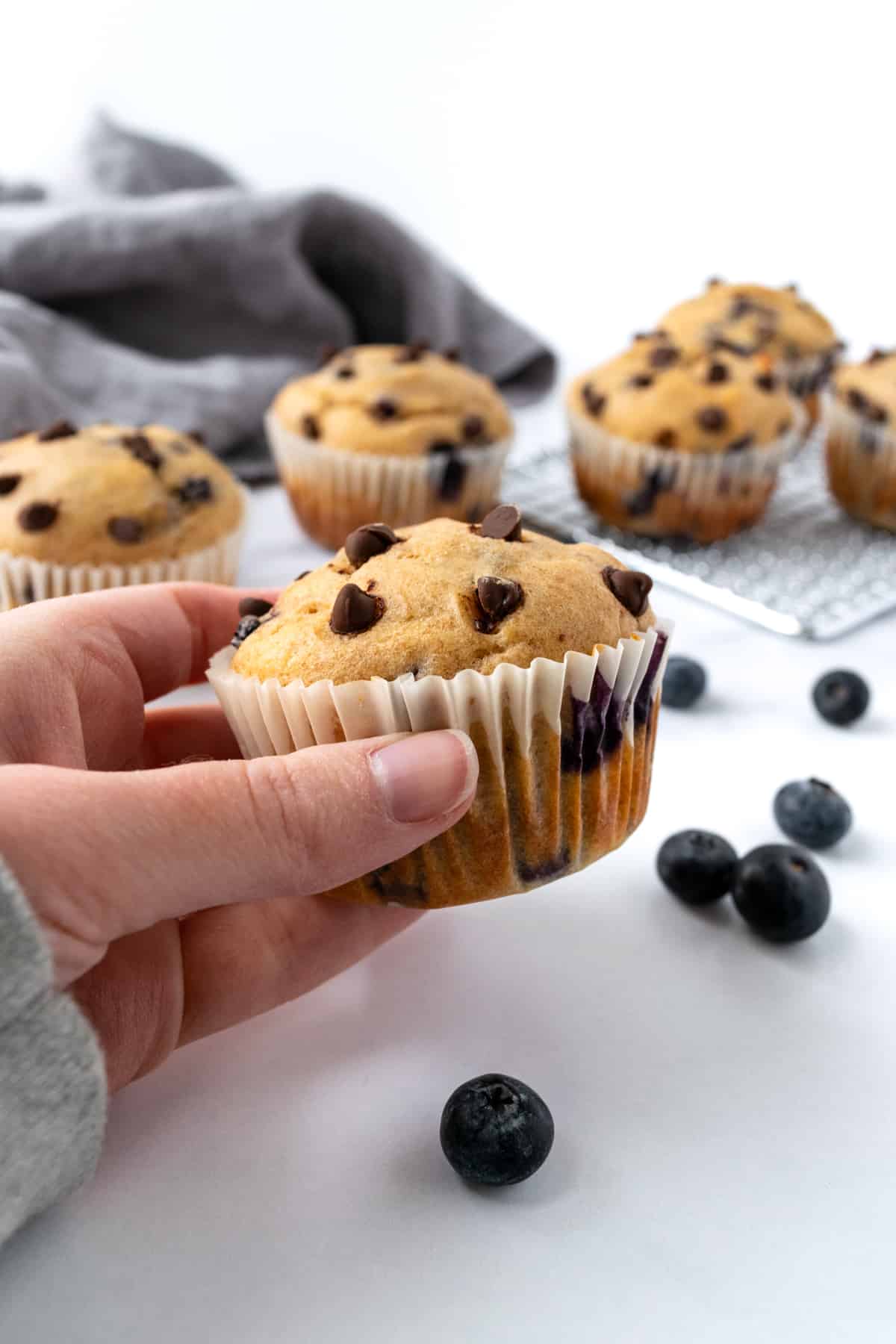 A hand holding a Blueberry Chocolate Chip Muffin with more on the marble counter in the background.