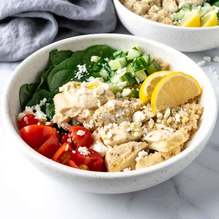 Mediterranean Power Bowls on a white countertop.