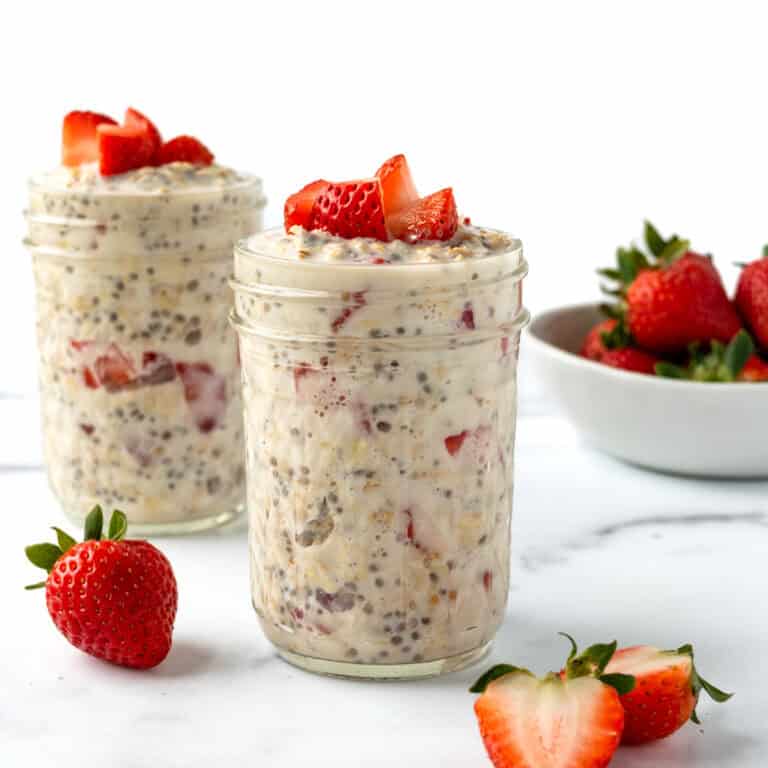 Strawberries and Cream Overnight Oats in a jar.