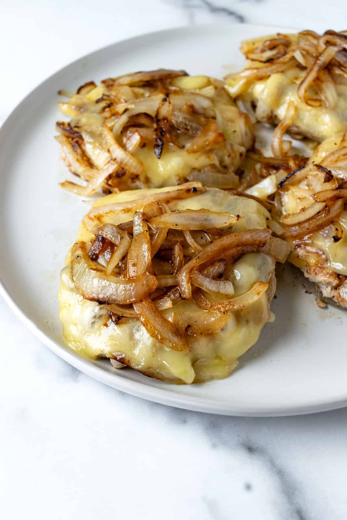 Turkey Smash Burgers with Cheese and Sautéed Onions.