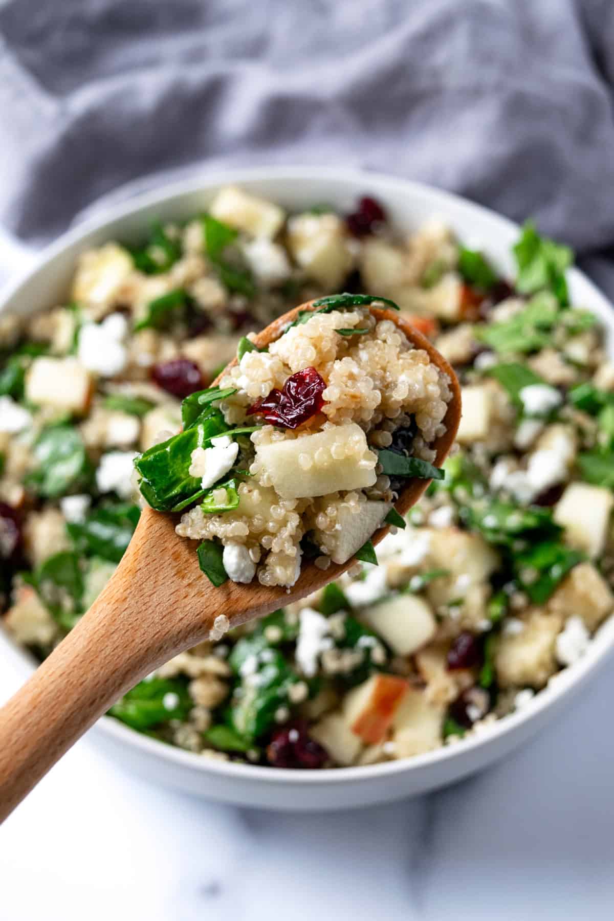Apple Cranberry Quinoa Salad on a wooden serving spoon.