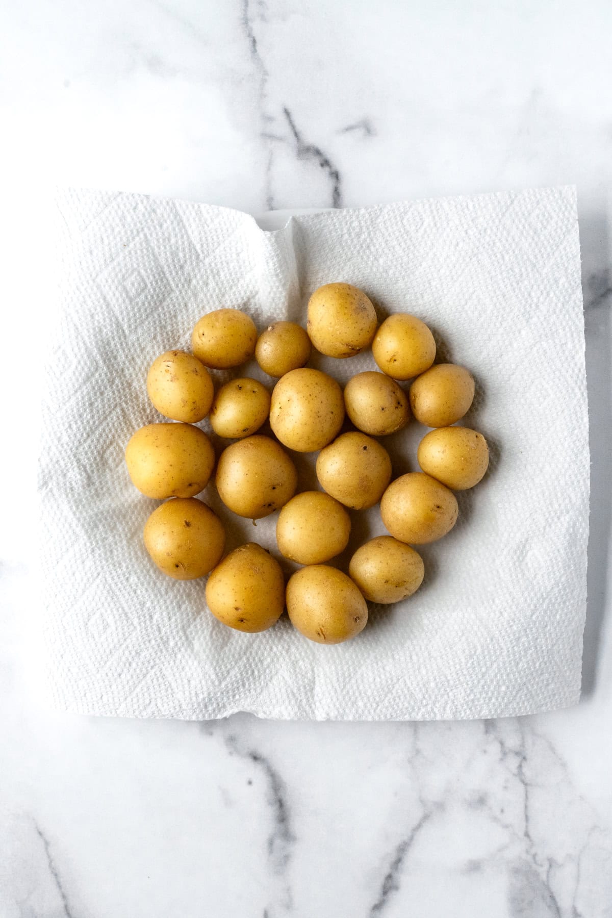Boiled Mini Yellow Potatoes drying and cooling on a paper towel.