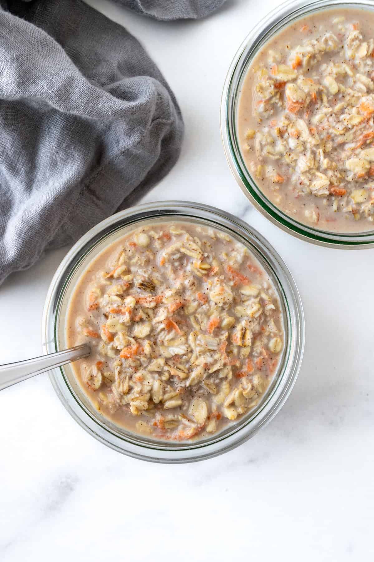 Two jars of Carrot Cake Overnight Oats.