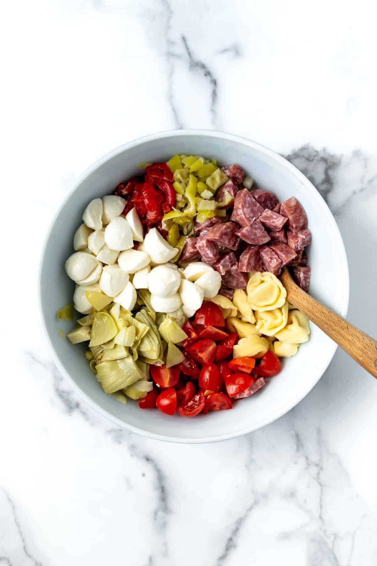 Antipasto Tortellini Salad Ingredients in a Bowl.