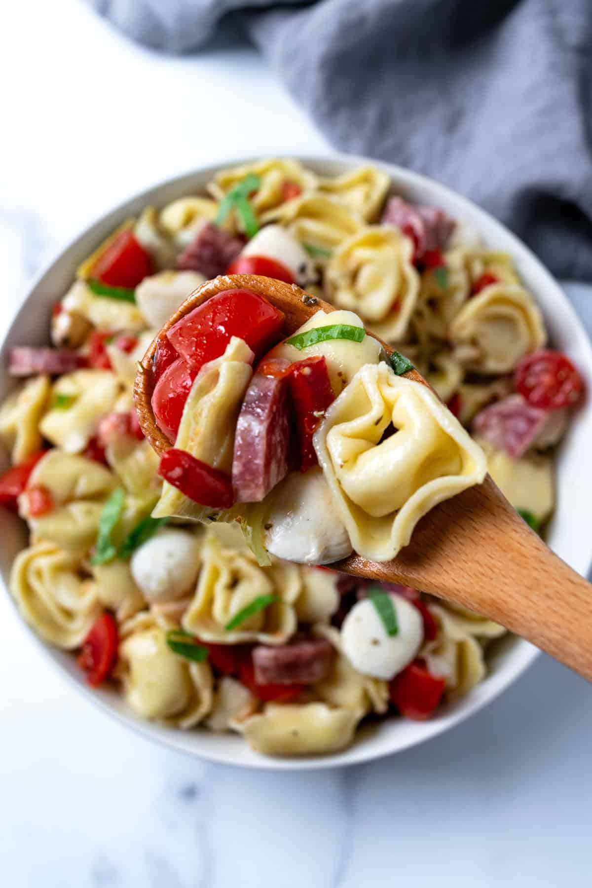 A spoonful of antipasto tortellini salad.
