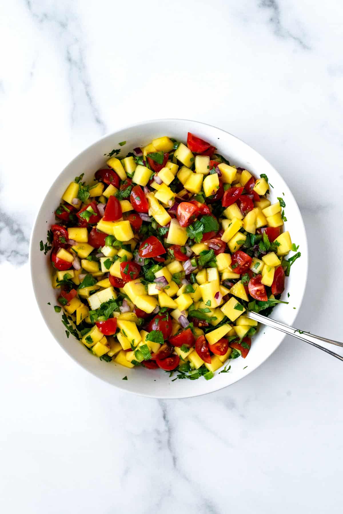 Tomato and Mango Salsa in a white bowl.