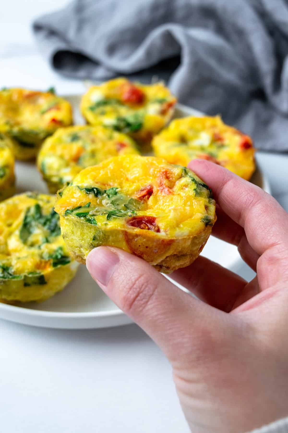 Hand holding an egg muffin.