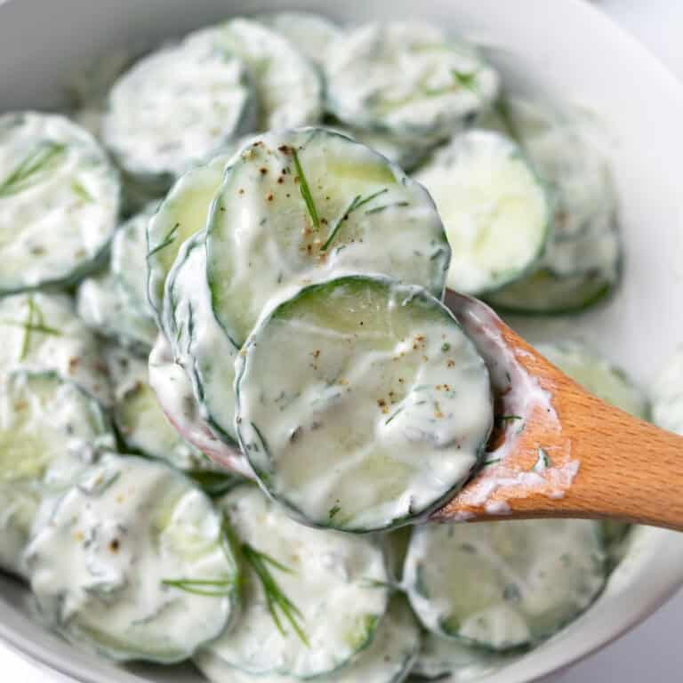 A spoonful of Greek Yogurt Cucumber Salad.