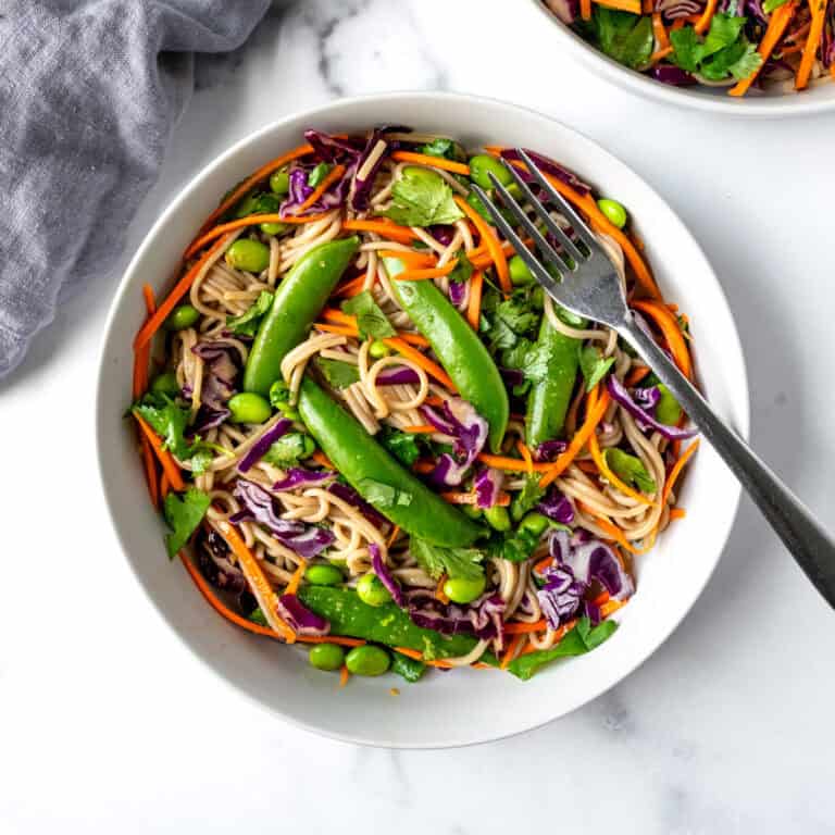 Soba Noodle Bowls on a white countertop.