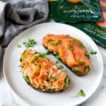 Hot Honey Smoked Salmon Avocado Toast on a plate.