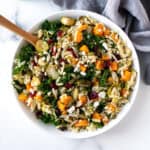 Fall Orzo Pasta Salad in a white bowl.