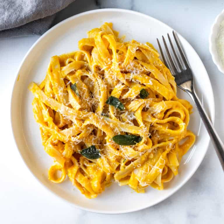 Pumpkin Fettuccine Alfredo in a white plate.