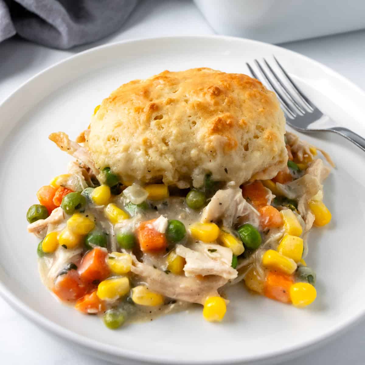 Chicken Pot Pie with Biscuits on a white plate.