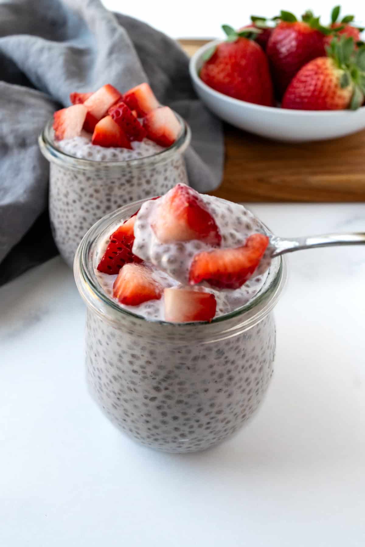 A spoonful of Strawberry Chia Pudding.