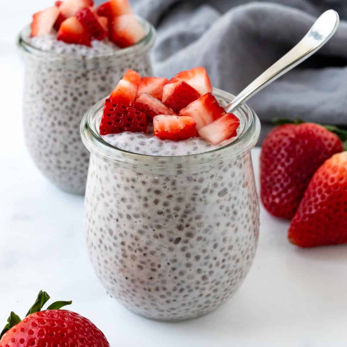Strawberry Chia Pudding in a jar.