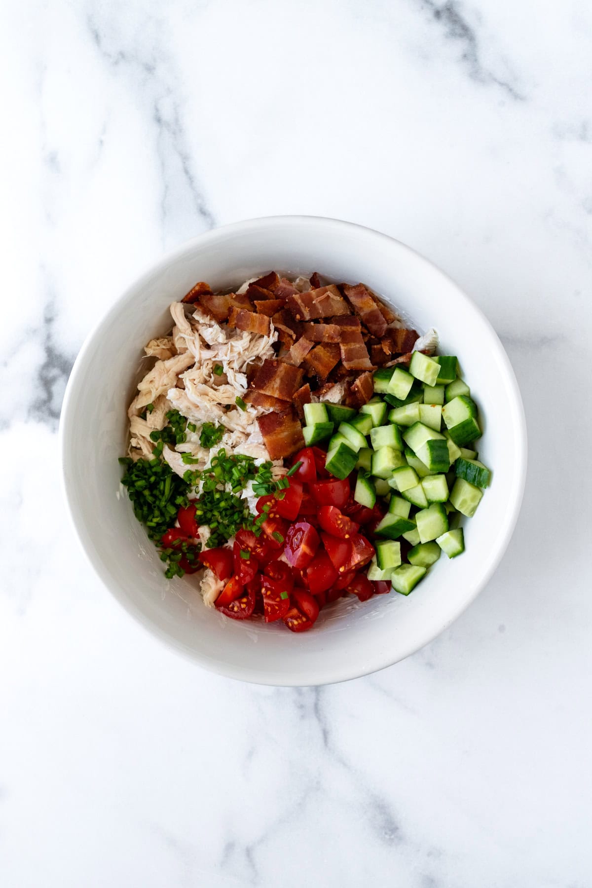 BLT Chicken Salad Ingredients in a Bowl.
