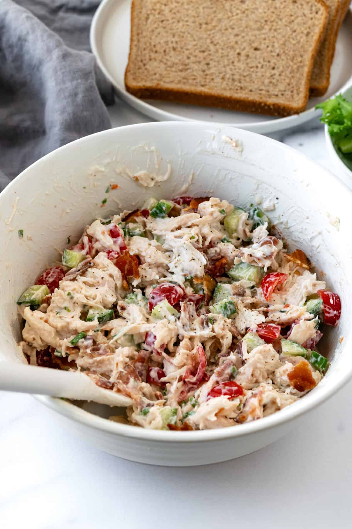 BLT Chicken Salad in a white bowl.