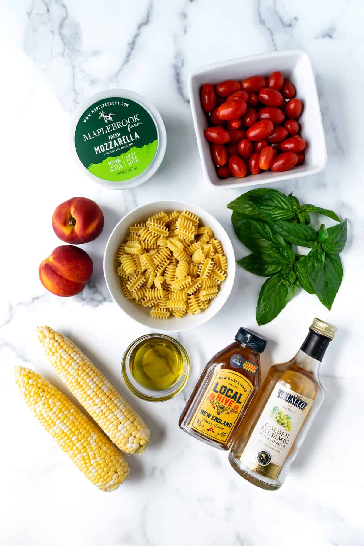 Peach and Corn Pasta Salad Ingredients.